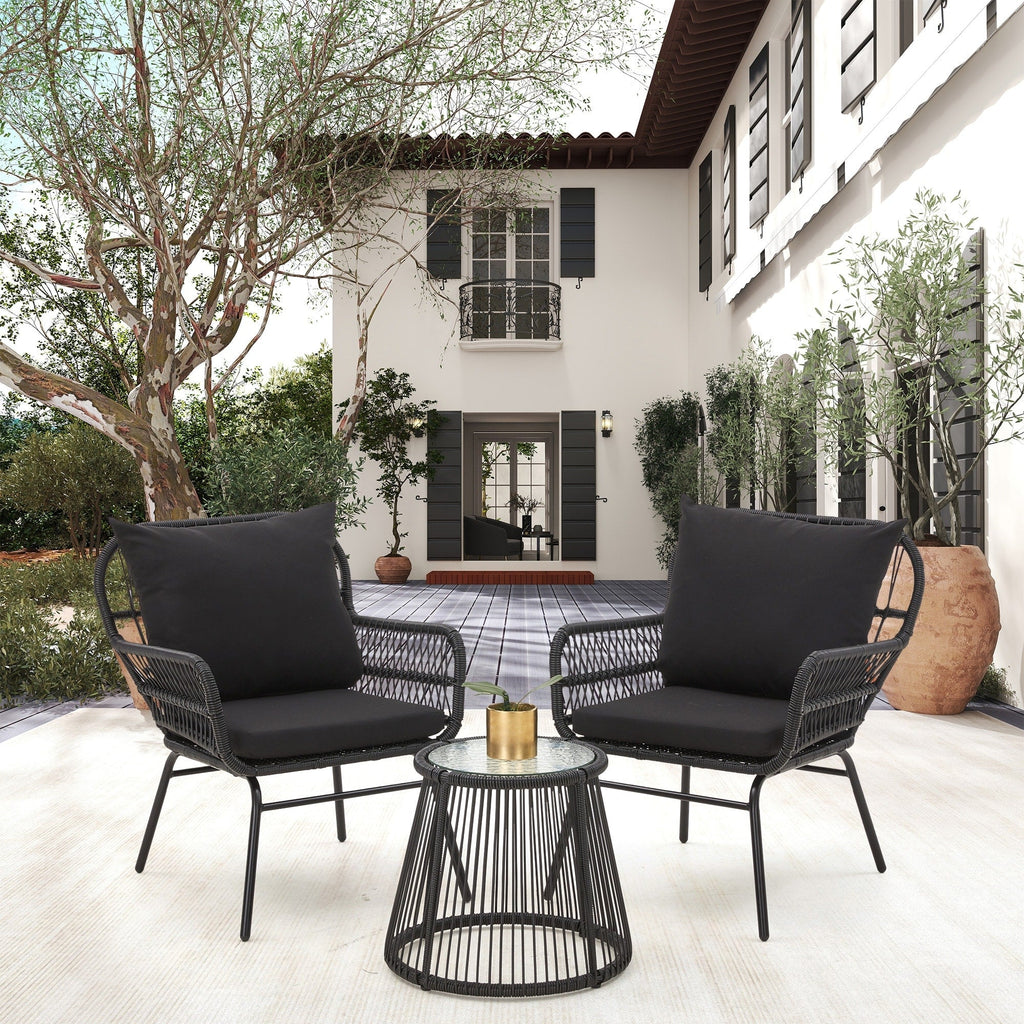 Ensemble de bistrot de jardin 3 pièces, mobilier d'extérieur en rotin avec table en verre, 2 fauteuils larges et coussins d'assise.