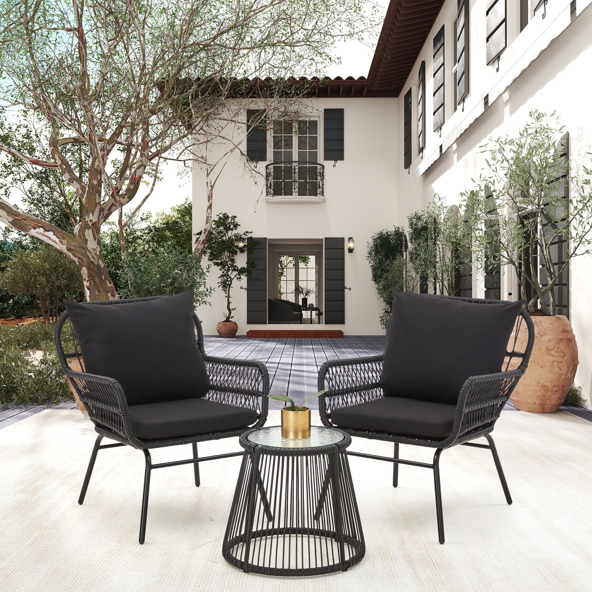 Ensemble de bistrot de jardin 3 pièces, mobilier d'extérieur en rotin avec table en verre, 2 fauteuils larges et coussins d'assise.
