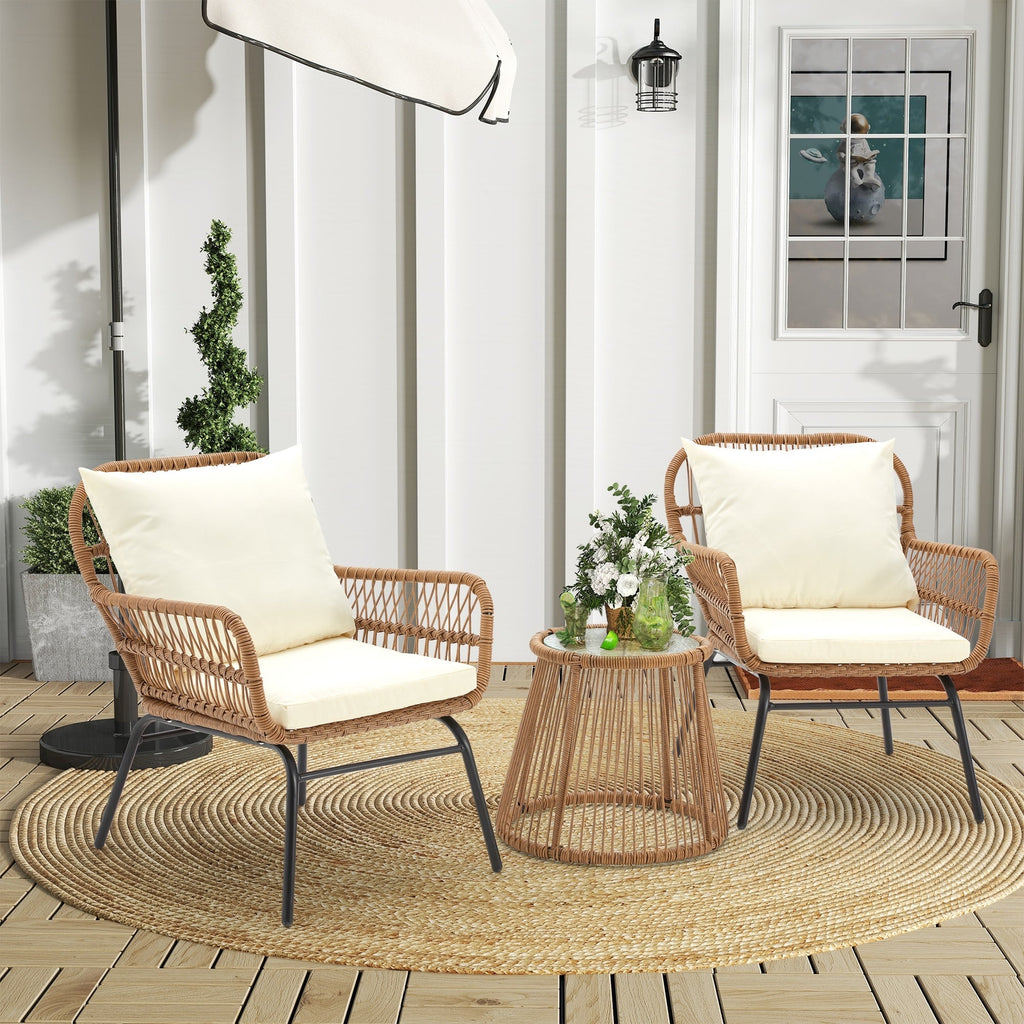 Ensemble de bistrot de jardin 3 pièces, mobilier d'extérieur en rotin avec table en verre, 2 fauteuils larges et coussins d'assise.