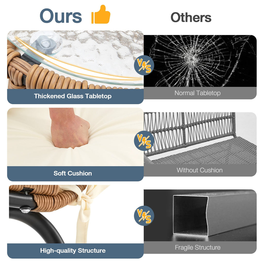 Ensemble de bistrot de jardin 3 pièces, mobilier d'extérieur en rotin avec table en verre, 2 fauteuils larges et coussins d'assise.