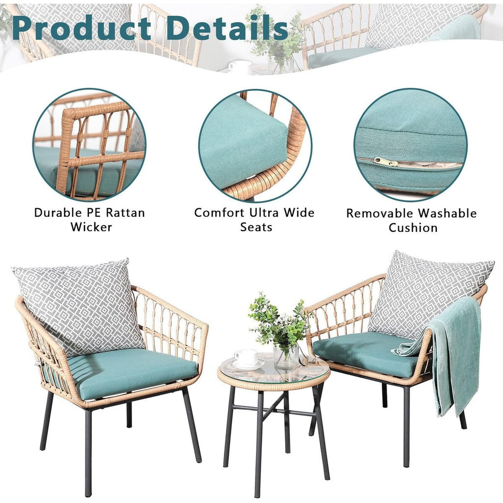 Ensemble de 3 meubles de jardin pour bistrot d'extérieur avec table basse en verre trempé et chaises en osier pour jardin, balcon et arrière-cour