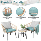 Ensemble de 3 meubles de jardin pour bistrot d'extérieur avec table basse en verre trempé et chaises en osier pour jardin, balcon et arrière-cour