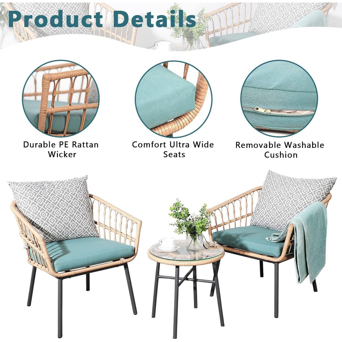 Ensemble de 3 meubles de jardin pour bistrot d'extérieur avec table basse en verre trempé et chaises en osier pour jardin, balcon et arrière-cour