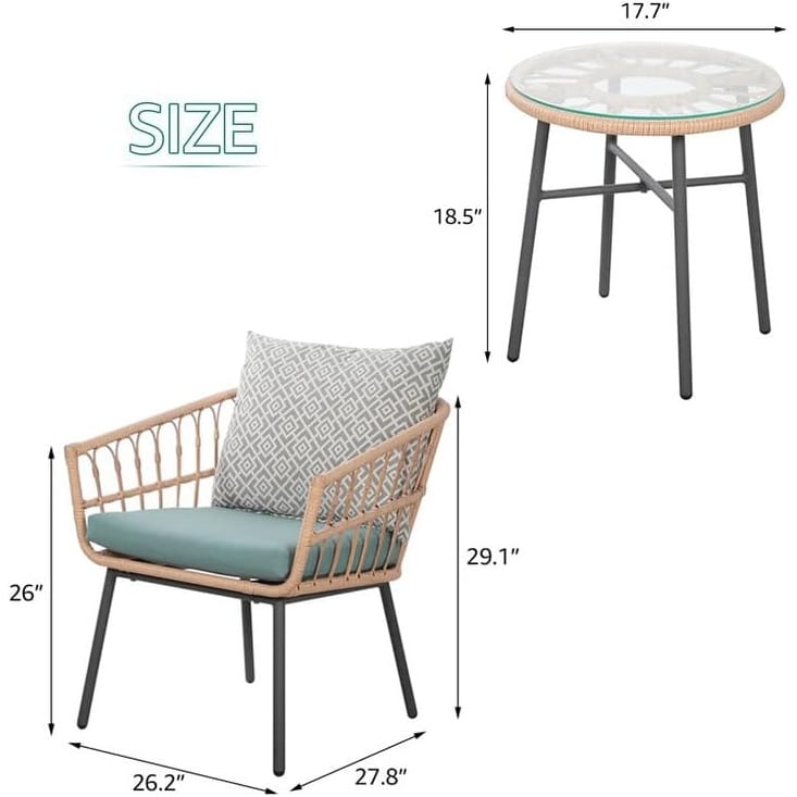 Ensemble de 3 meubles de jardin pour bistrot d'extérieur avec table basse en verre trempé et chaises en osier pour jardin, balcon et arrière-cour