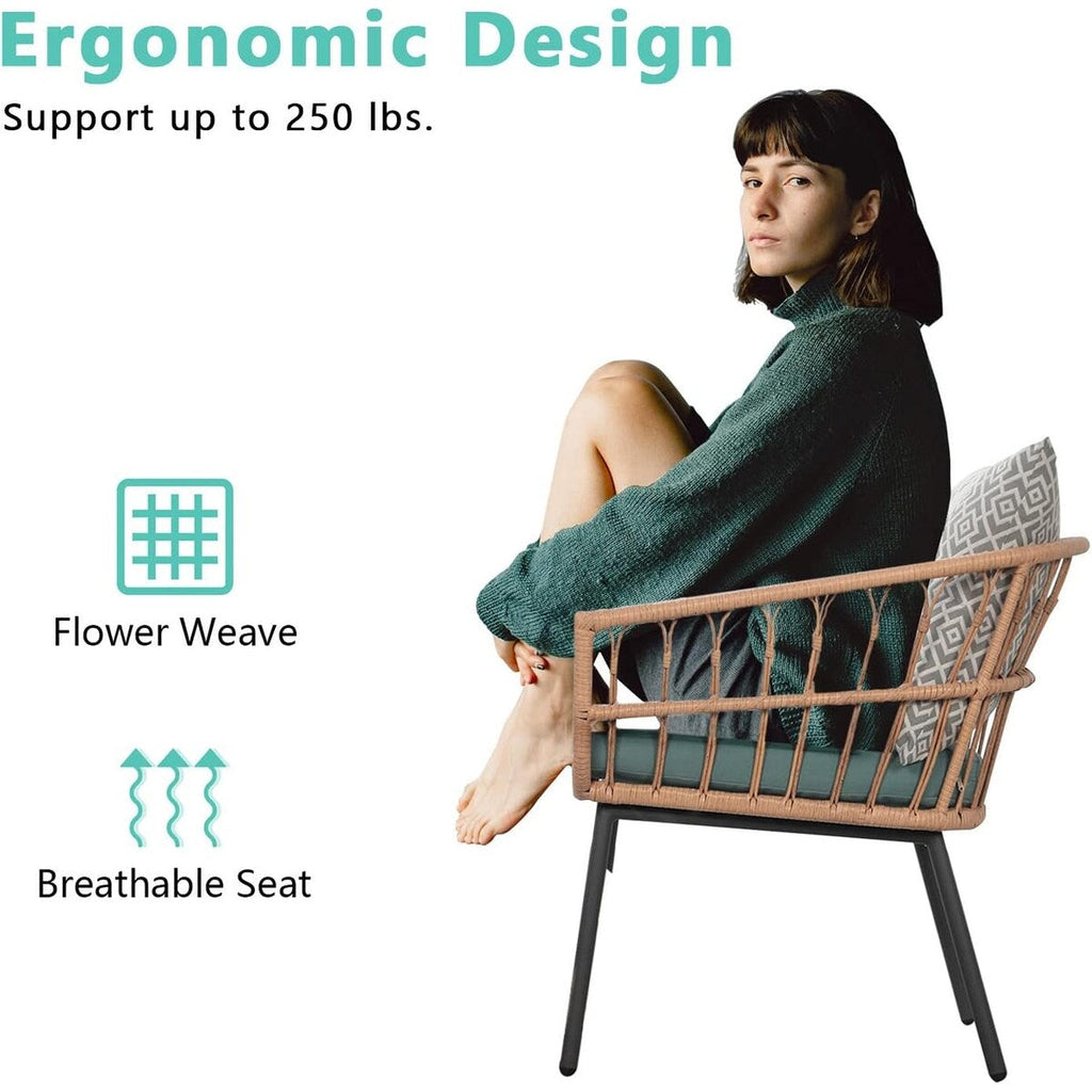 Ensemble de 3 meubles de jardin pour bistrot d'extérieur avec table basse en verre trempé et chaises en osier pour jardin, balcon et arrière-cour