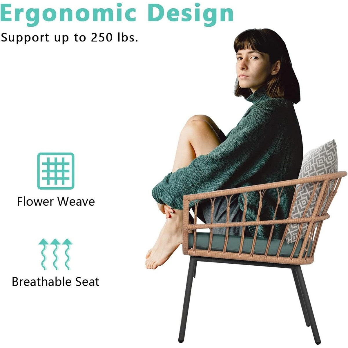 Ensemble de 3 meubles de jardin pour bistrot d'extérieur avec table basse en verre trempé et chaises en osier pour jardin, balcon et arrière-cour