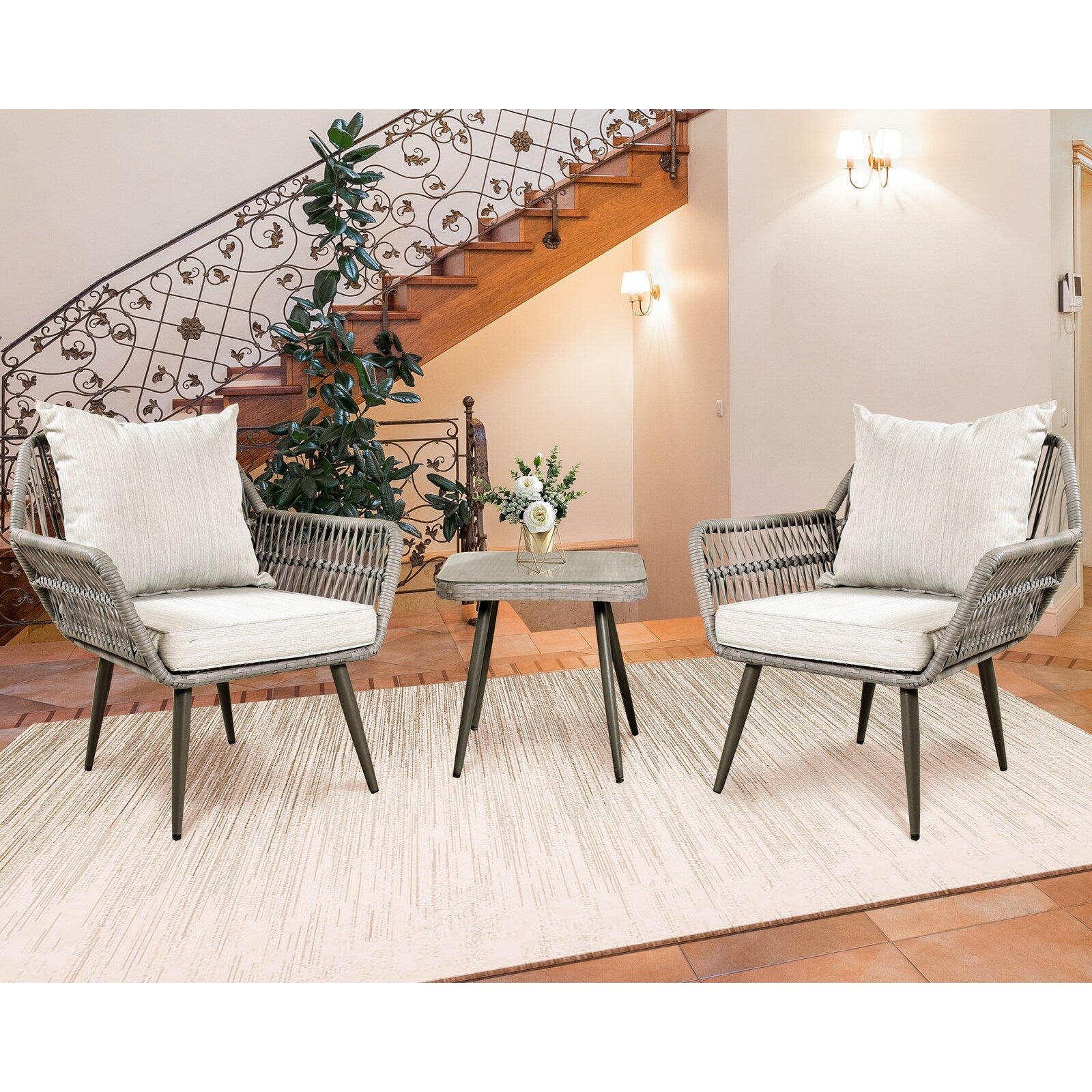 Ensemble de meubles de patio 3 pièces, petit ensemble de bistrot d'extérieur en osier et rotin, chaises de patio, ensemble de conversation avec table en verre