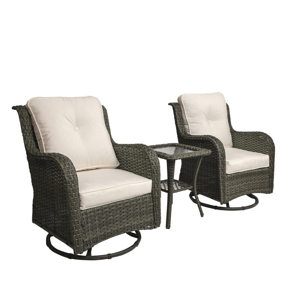 Ensemble de 3 chaises à bascule pivotantes et rembourrées en rotin pour patio avec table d'appoint