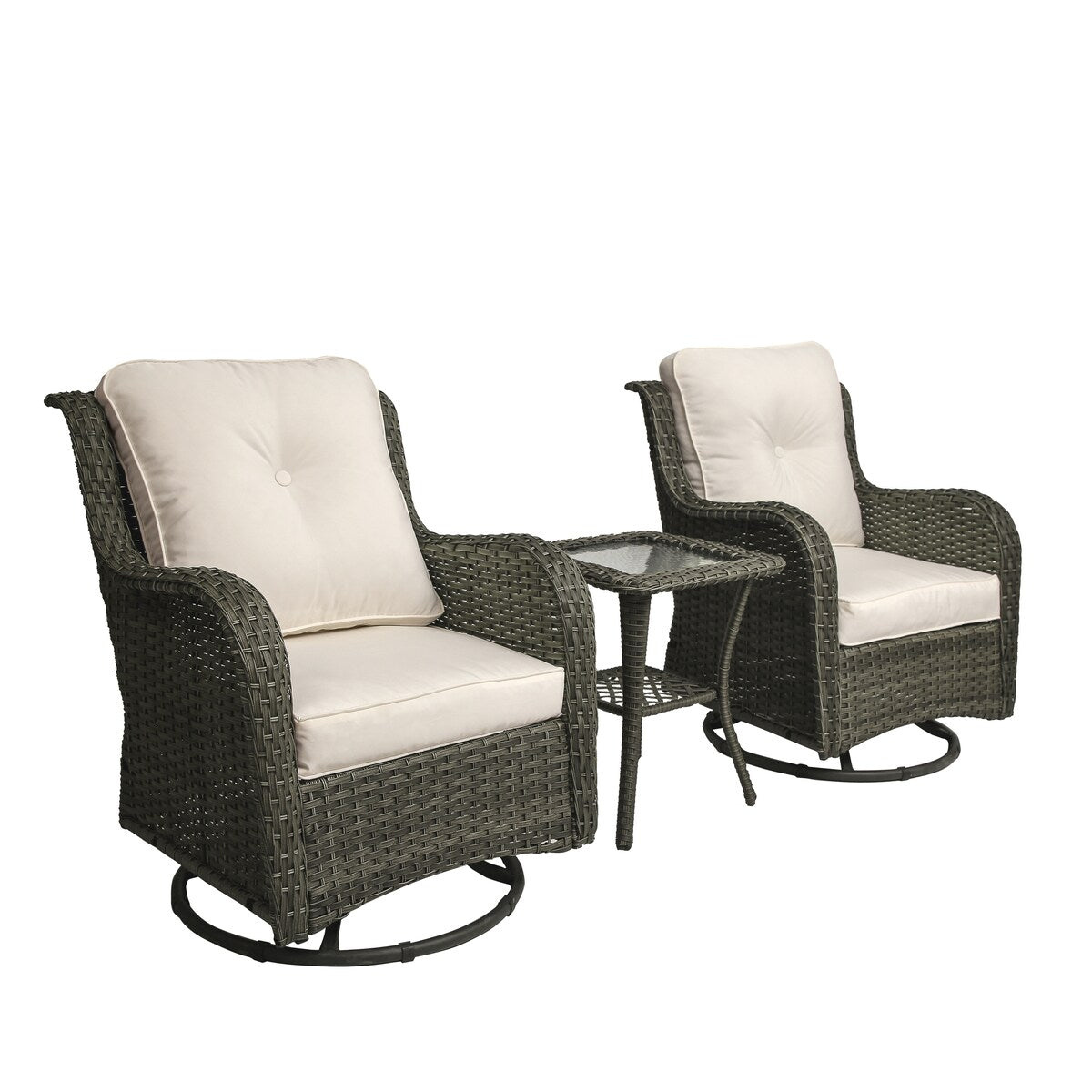 Ensemble de 3 chaises à bascule pivotantes et rembourrées en rotin pour patio avec table d'appoint