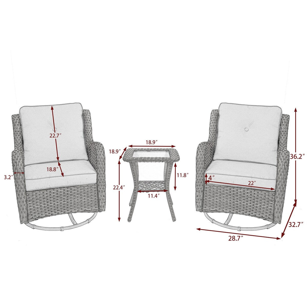 Ensemble de 3 chaises à bascule pivotantes et rembourrées en rotin pour patio avec table d'appoint