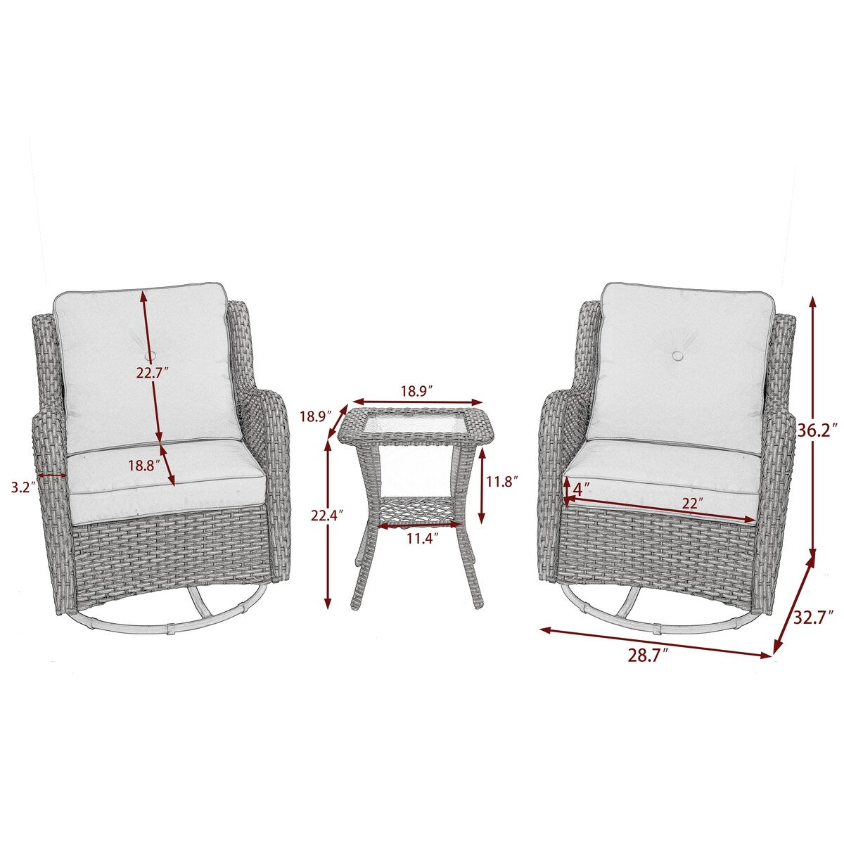 Ensemble de 3 chaises à bascule pivotantes et rembourrées en rotin pour patio avec table d'appoint