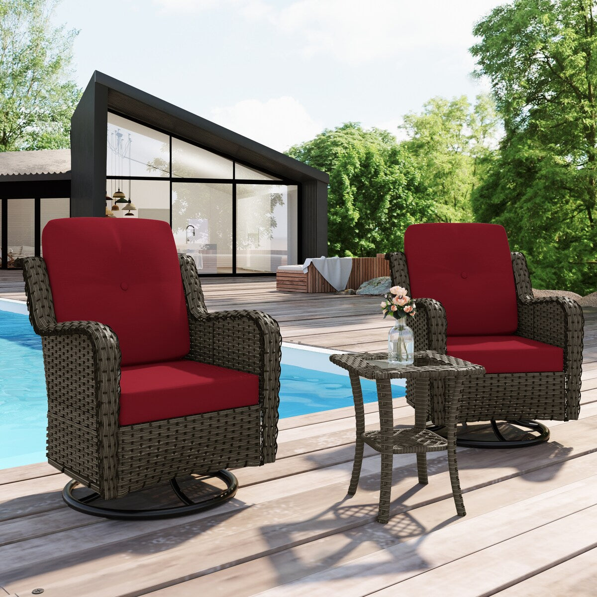 Ensemble de 3 chaises à bascule pivotantes et rembourrées en rotin pour patio avec table d'appoint