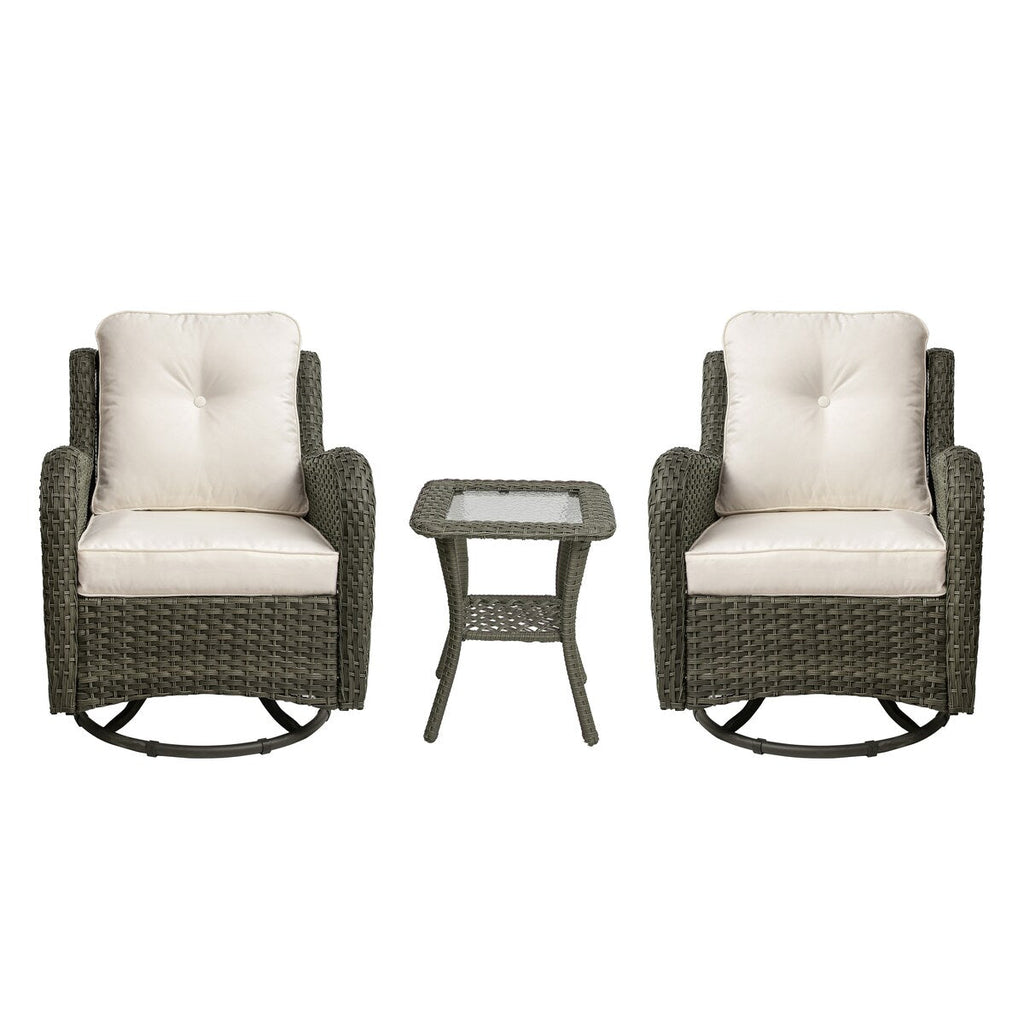 Ensemble de 3 chaises à bascule pivotantes et rembourrées en rotin pour patio avec table d'appoint