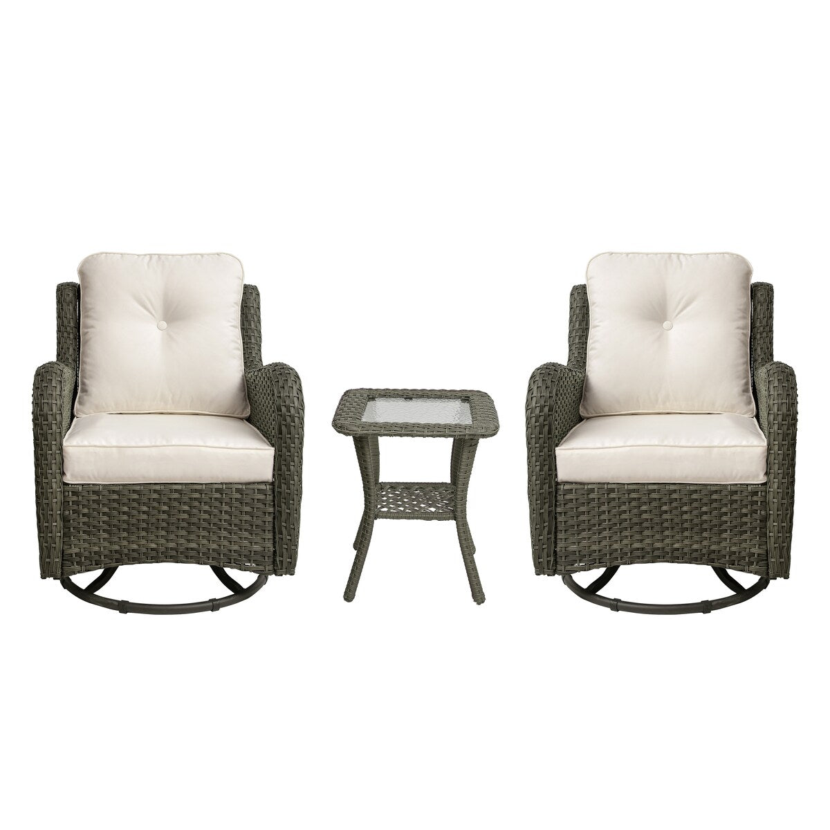 Ensemble de 3 chaises à bascule pivotantes et rembourrées en rotin pour patio avec table d'appoint