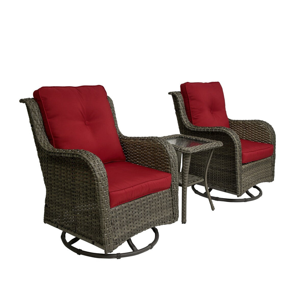 Ensemble de 3 chaises à bascule pivotantes et rembourrées en rotin pour patio avec table d'appoint