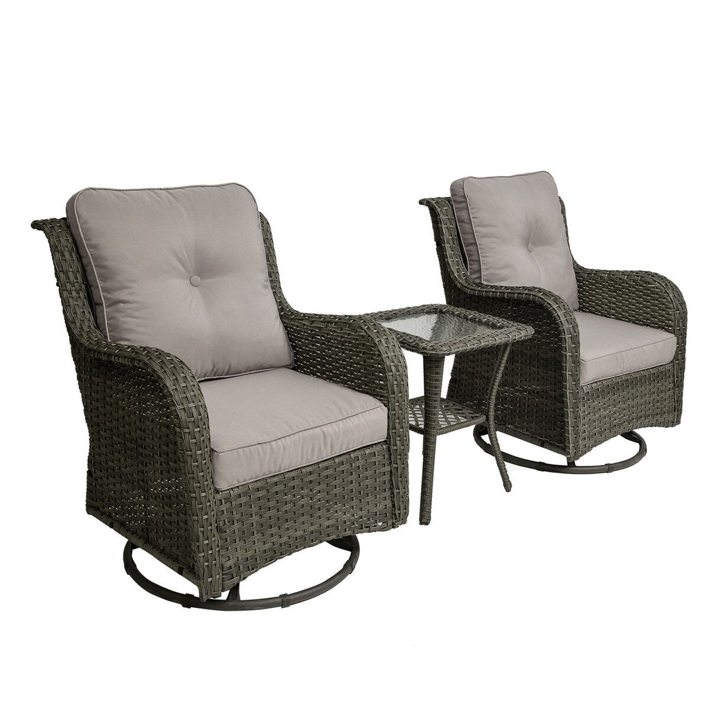 Ensemble de 3 chaises à bascule pivotantes et rembourrées en rotin pour patio avec table d'appoint