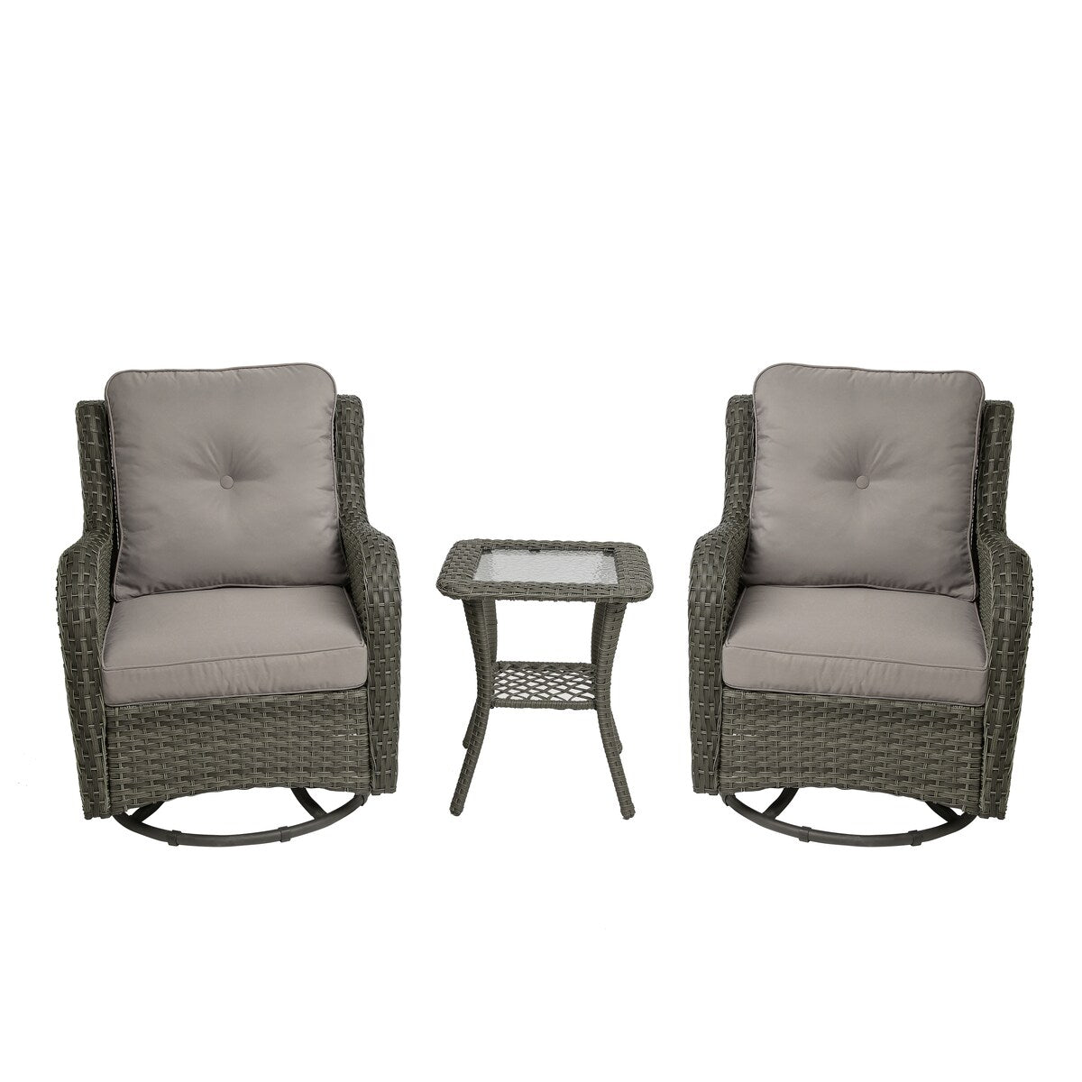 Ensemble de 3 chaises à bascule pivotantes et rembourrées en rotin pour patio avec table d'appoint