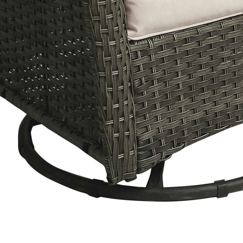 Ensemble de 3 chaises à bascule pivotantes et rembourrées en rotin pour patio avec table d'appoint