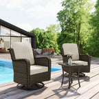 Ensemble de 3 chaises à bascule pivotantes et rembourrées en rotin pour patio avec table d'appoint