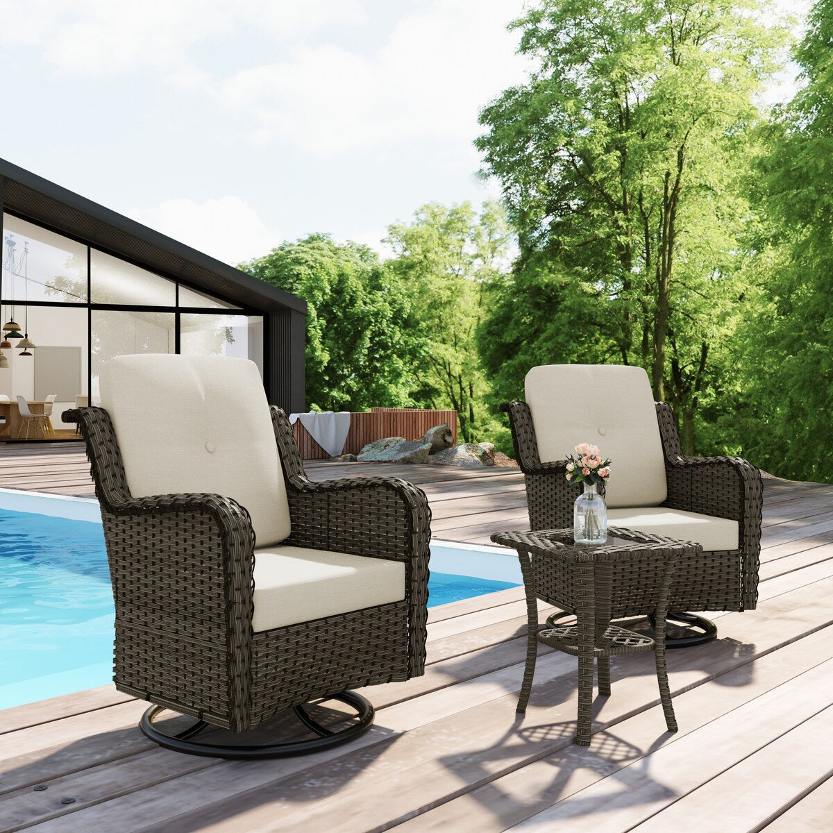 Ensemble de 3 chaises à bascule pivotantes et rembourrées en rotin pour patio avec table d'appoint