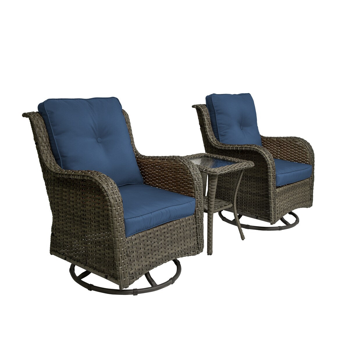 Ensemble de 3 chaises à bascule pivotantes et rembourrées en rotin pour patio avec table d'appoint