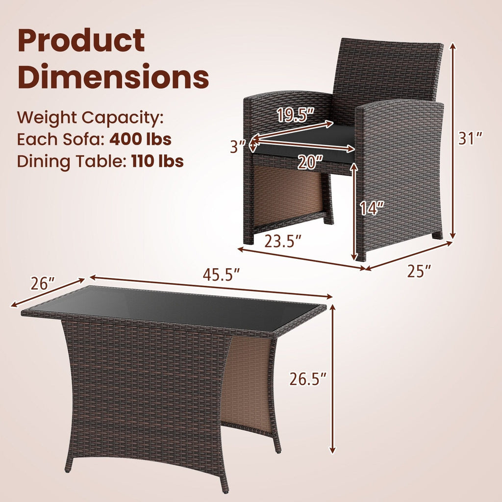 Ensemble de salle à manger 3 pièces en osier avec table en verre et chaises rembourrées - 25 x 23,5 x 31