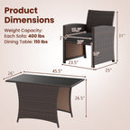 Ensemble de salle à manger 3 pièces en osier avec table en verre et chaises rembourrées - 25 x 23,5 x 31