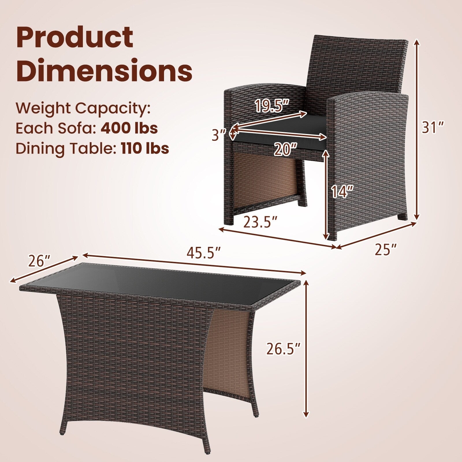 Ensemble de salle à manger 3 pièces en osier avec table en verre et chaises rembourrées - 25 x 23,5 x 31