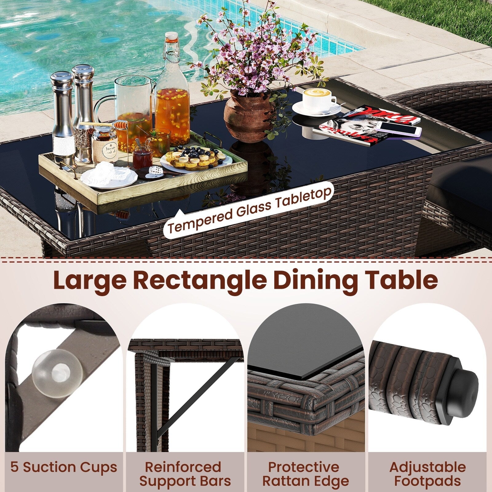 Ensemble de salle à manger 3 pièces en osier avec table en verre et chaises rembourrées - 25 x 23,5 x 31