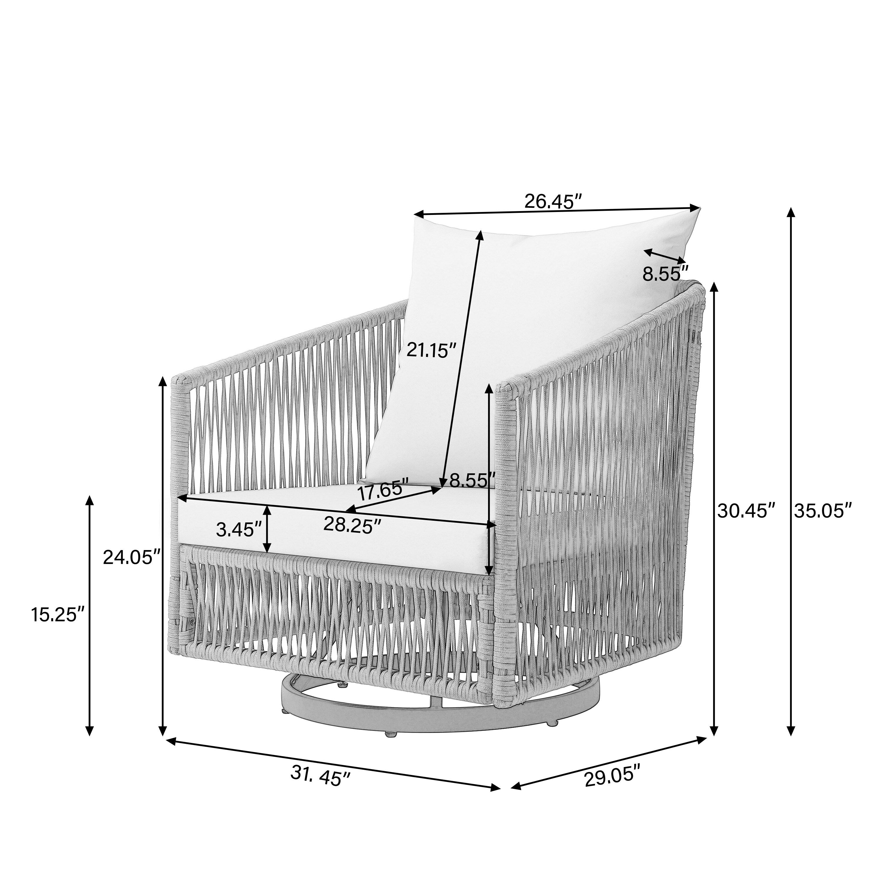 Ensemble de 3 chaises pivotantes en corde tressée avec coussins pour patio