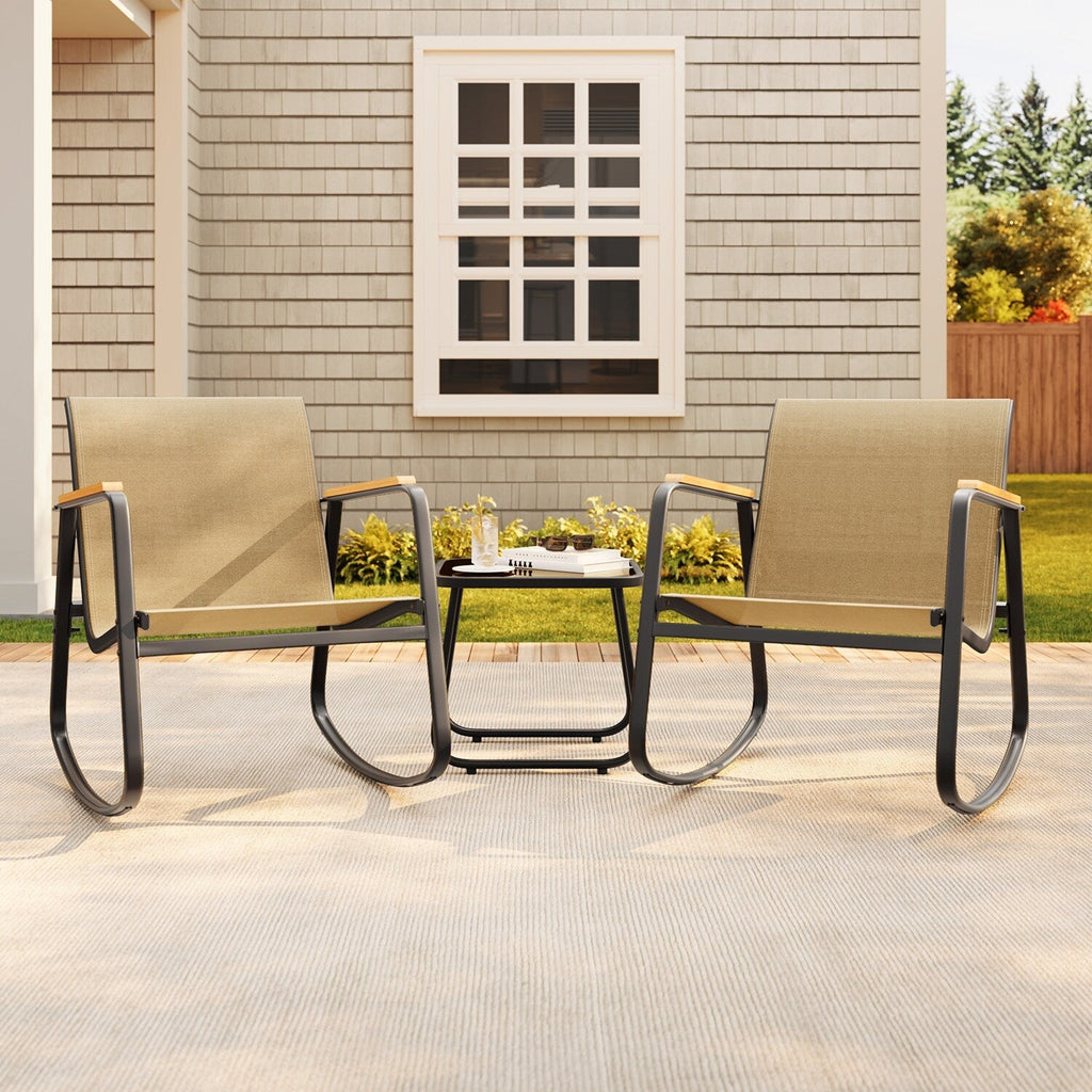 Ensemble bistrot à bascule 3 pièces, ensemble de meubles de patio en tissu textilène, chaises à bascule pour porche