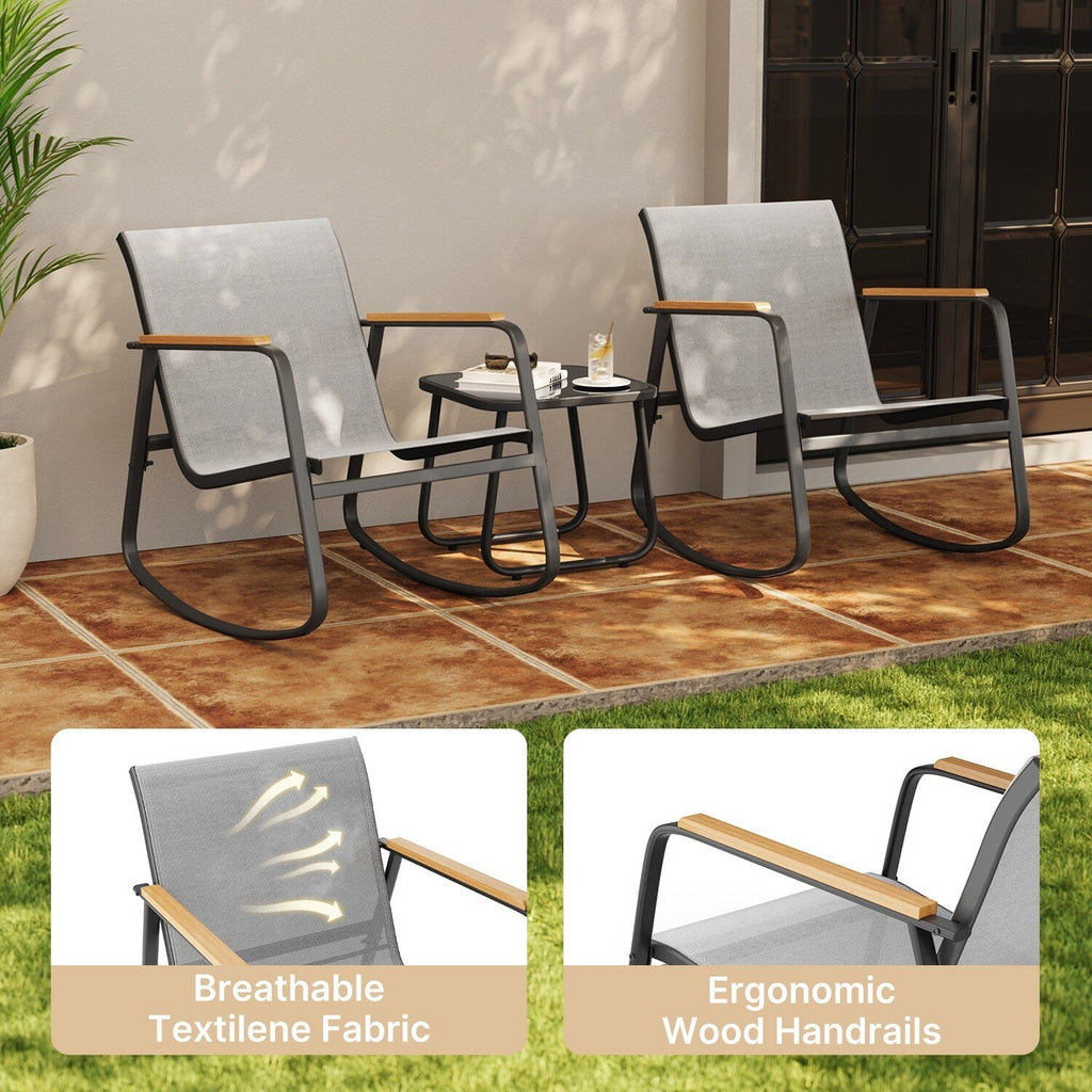 Ensemble bistrot à bascule 3 pièces, ensemble de meubles de patio en tissu textilène, chaises à bascule pour porche