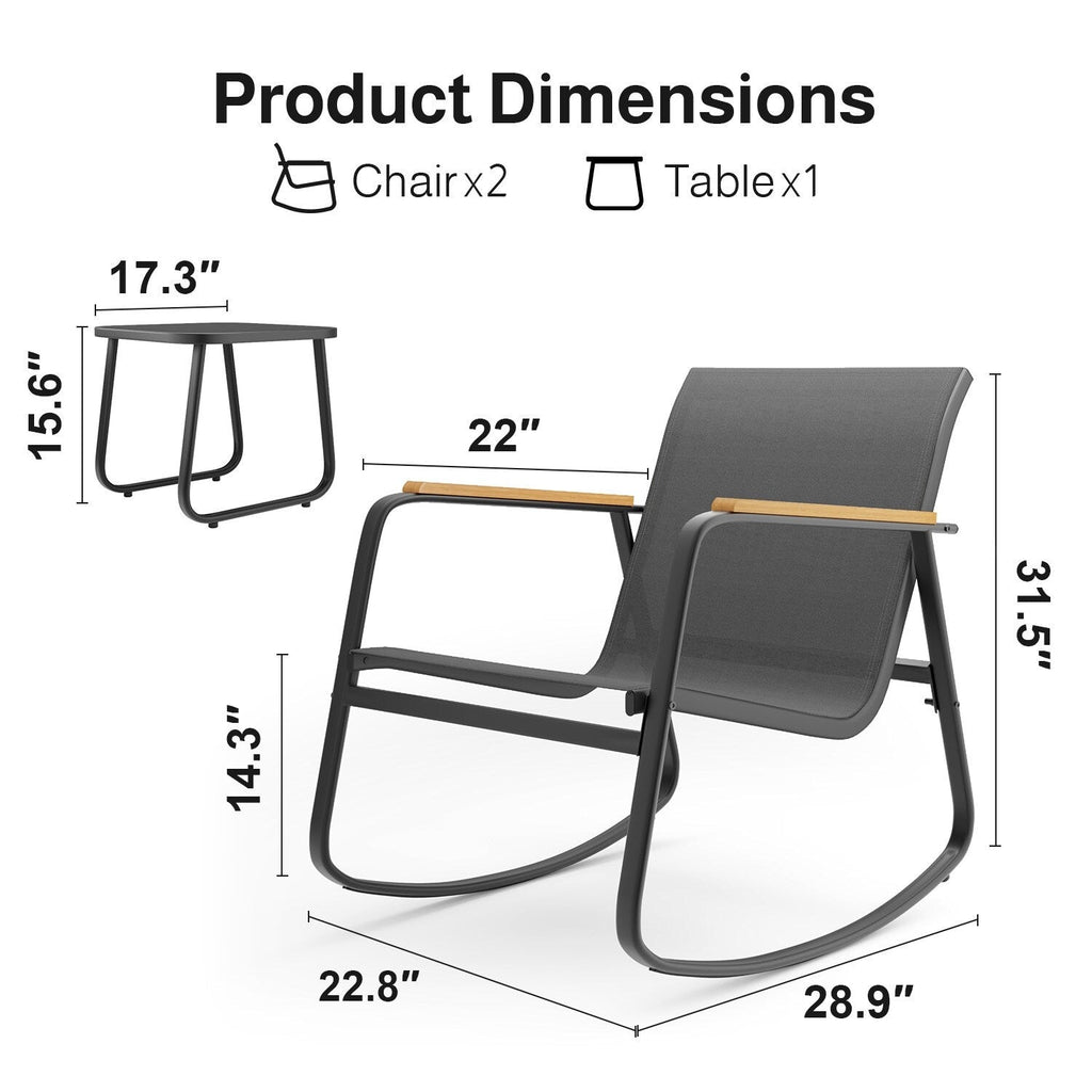 Ensemble bistrot à bascule 3 pièces, ensemble de meubles de patio en tissu textilène, chaises à bascule pour porche