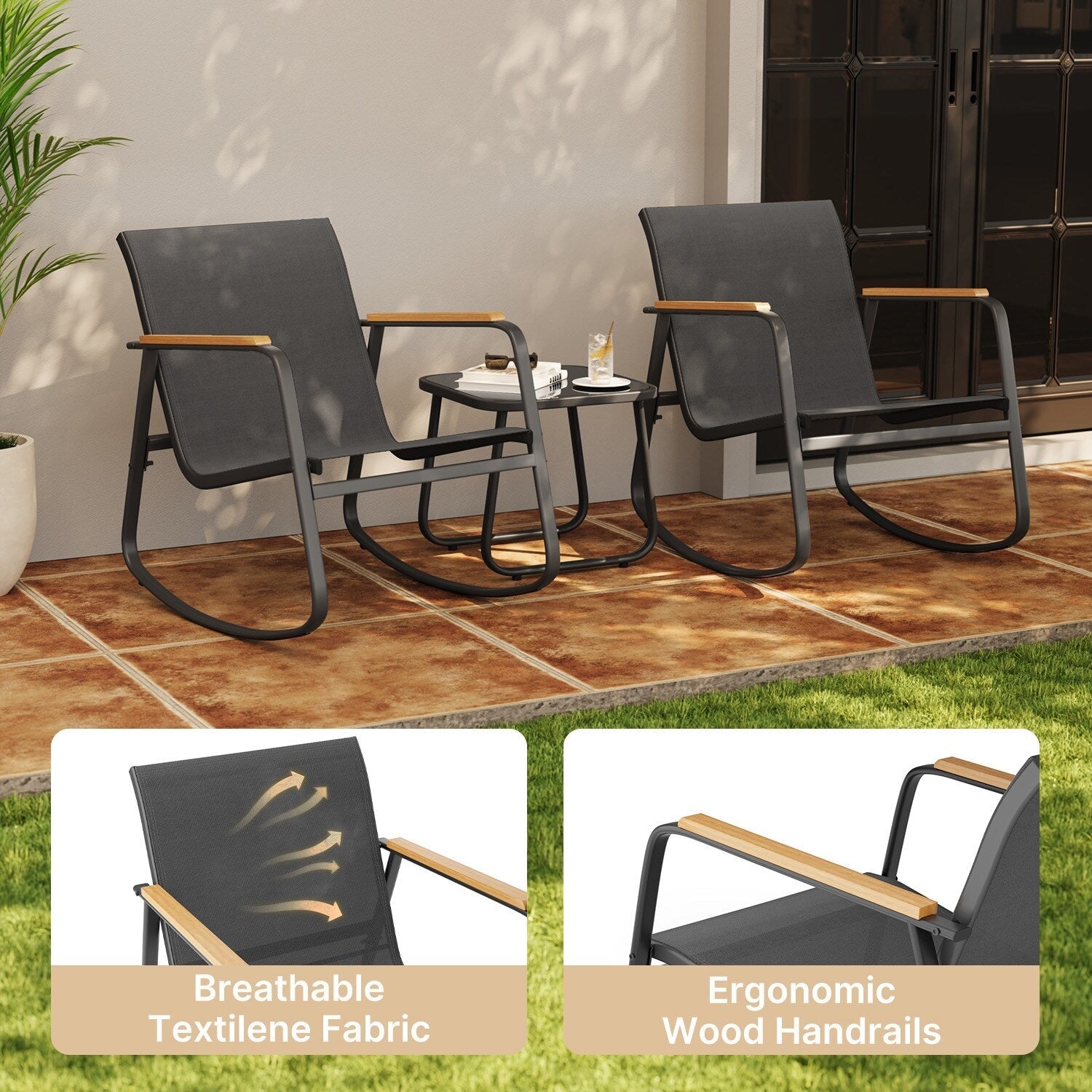 Ensemble bistrot à bascule 3 pièces, ensemble de meubles de patio en tissu textilène, chaises à bascule pour porche