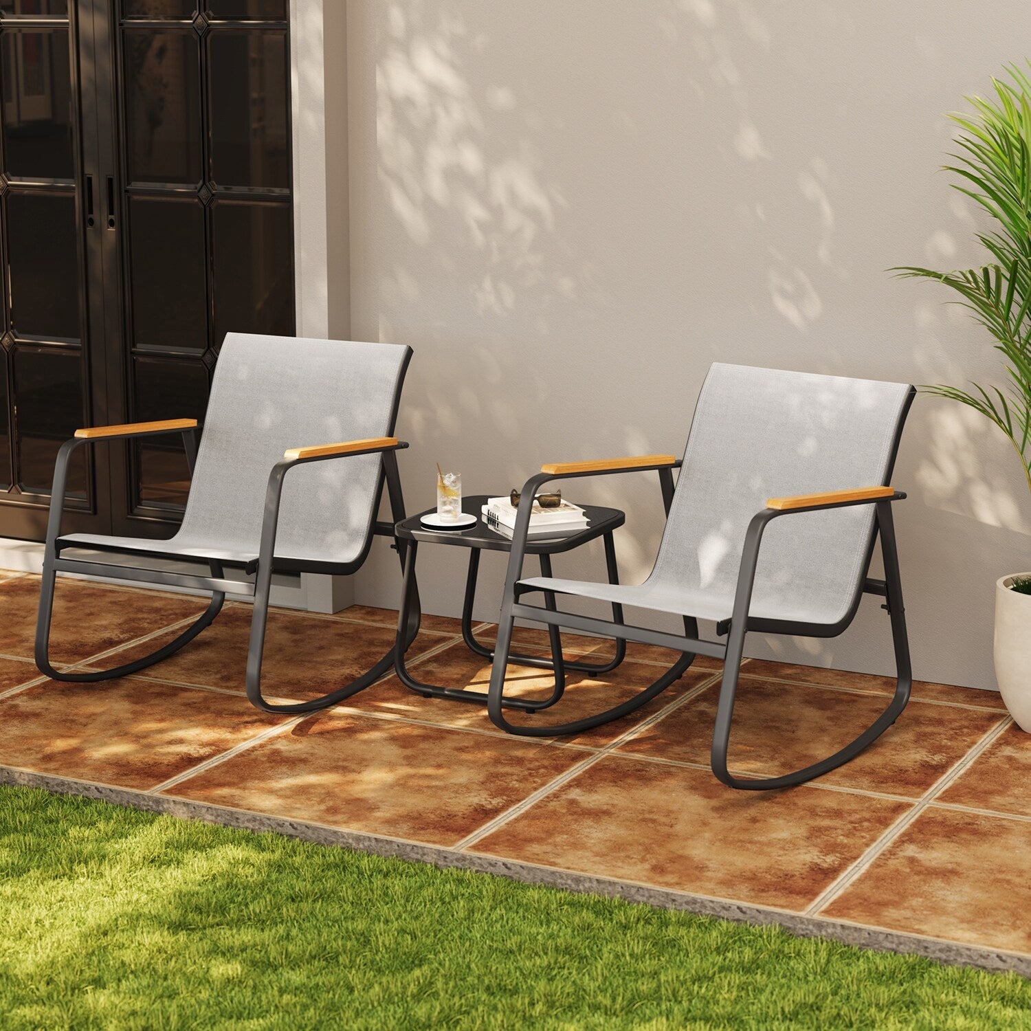 Ensemble bistrot à bascule 3 pièces, ensemble de meubles de patio en tissu textilène, chaises à bascule pour porche