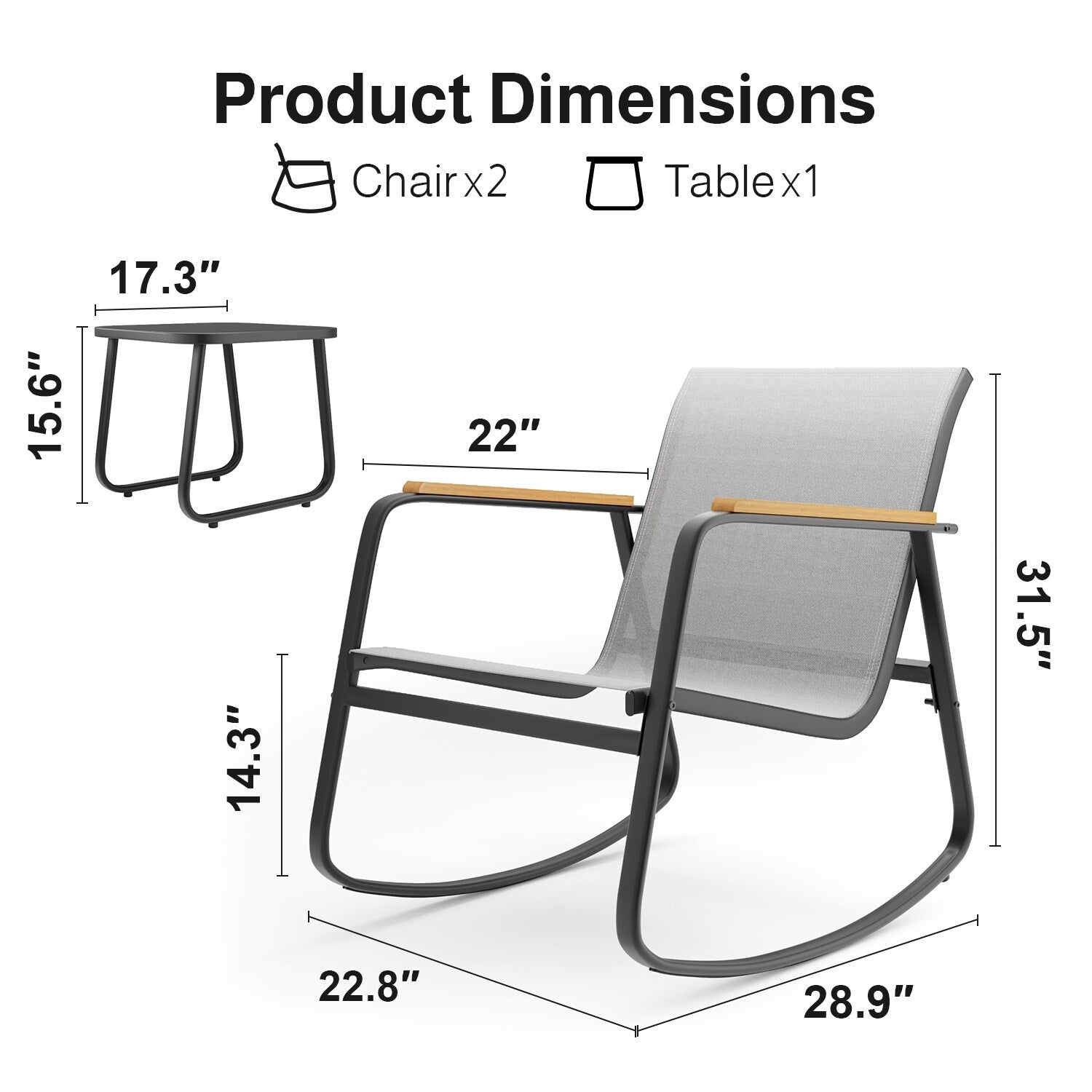 Ensemble bistrot à bascule 3 pièces, ensemble de meubles de patio en tissu textilène, chaises à bascule pour porche