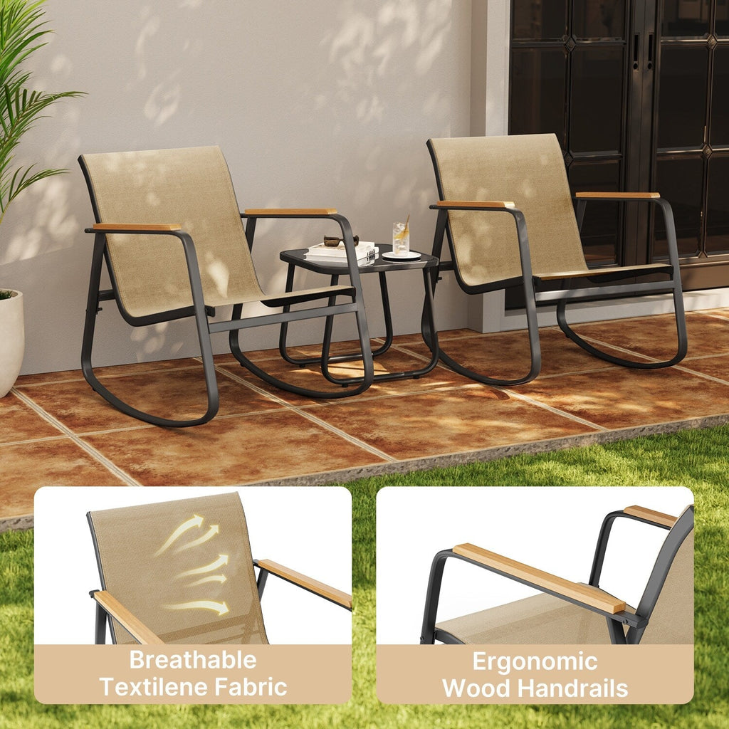 Ensemble bistrot à bascule 3 pièces, ensemble de meubles de patio en tissu textilène, chaises à bascule pour porche