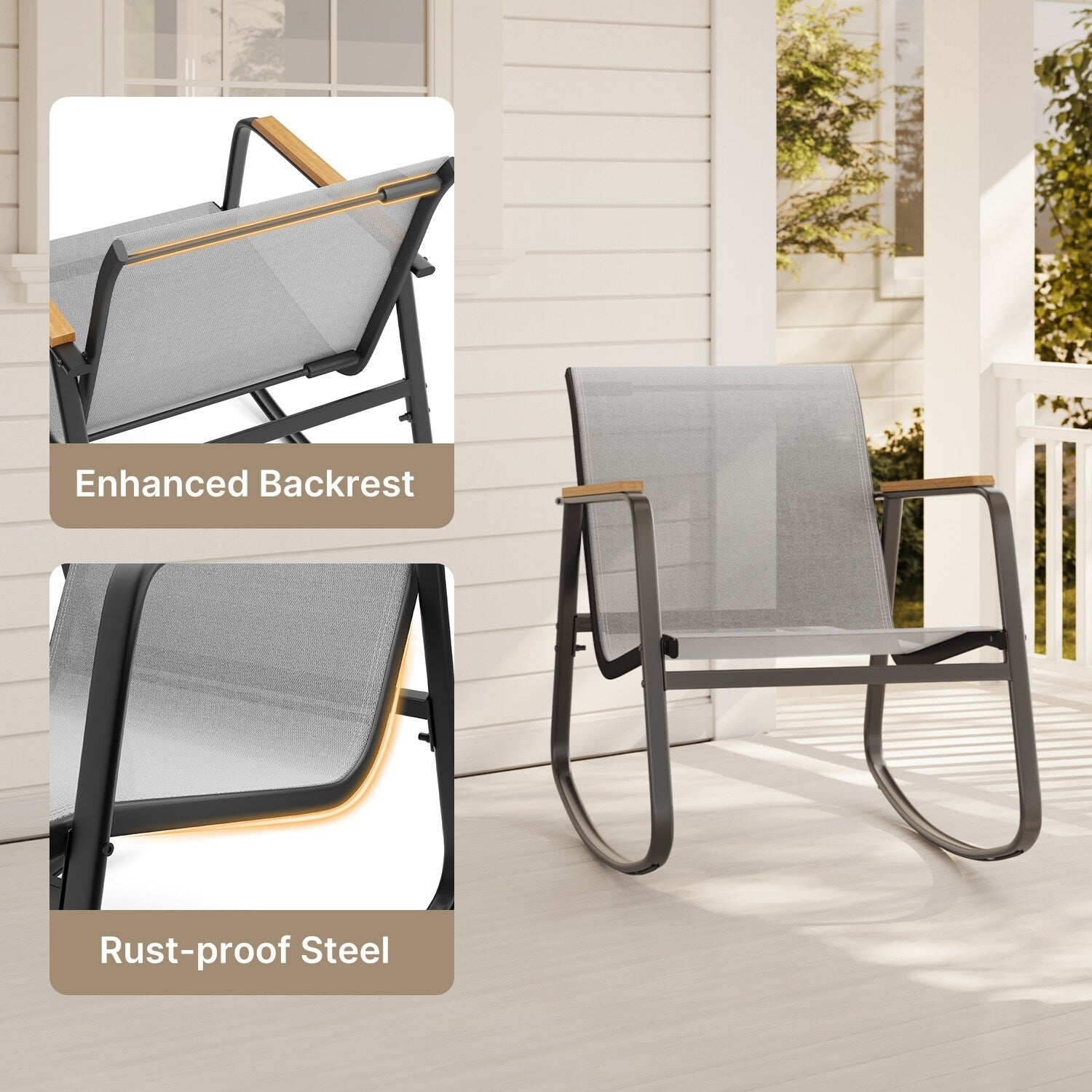 Ensemble bistrot à bascule 3 pièces, ensemble de meubles de patio en tissu textilène, chaises à bascule pour porche