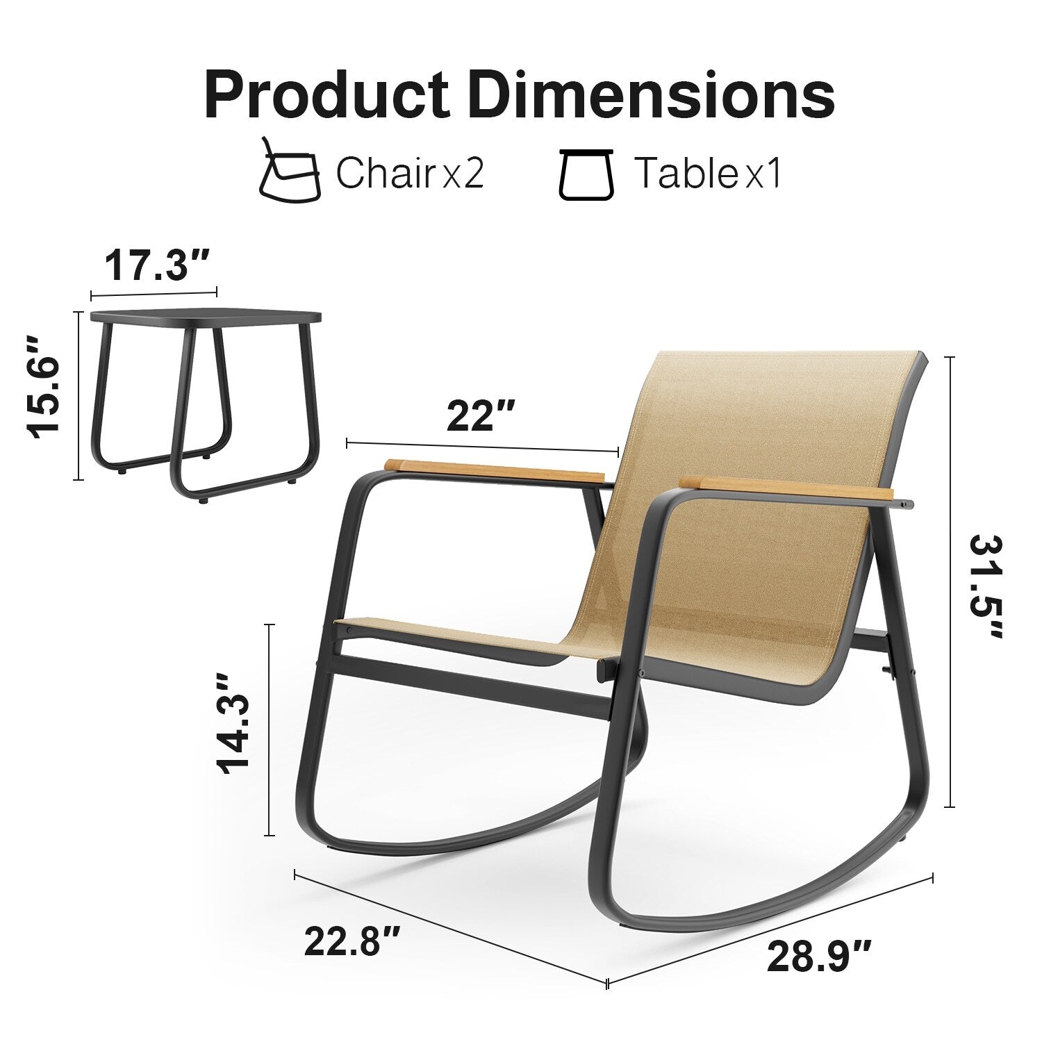 Ensemble bistrot à bascule 3 pièces, ensemble de meubles de patio en tissu textilène, chaises à bascule pour porche