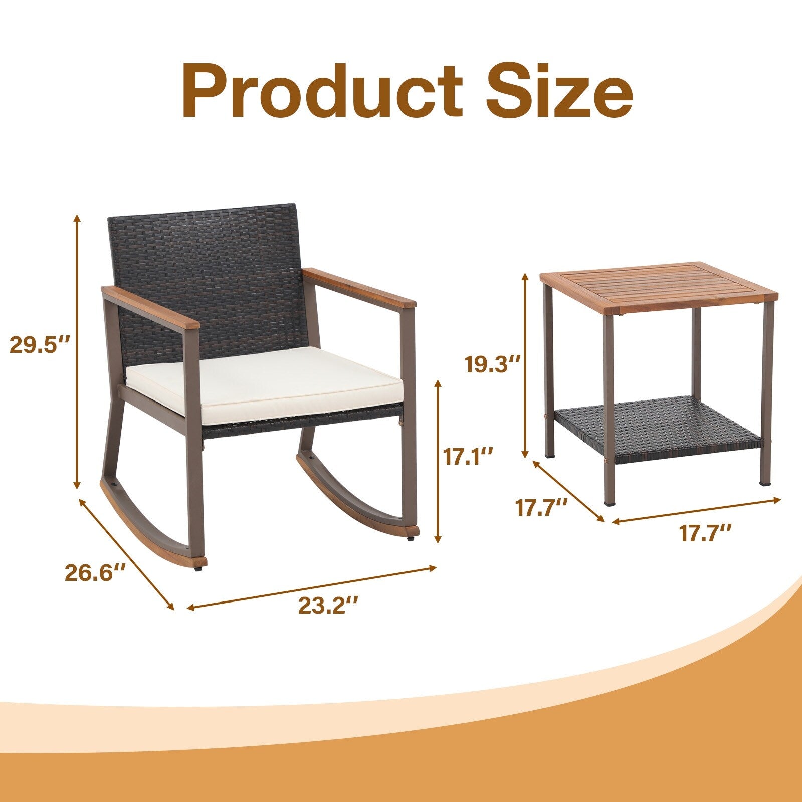 Ensemble de 3 chaises à bascule pour patio, bistro, chaises de balcon, ensembles de conversation avec table basse et coussins