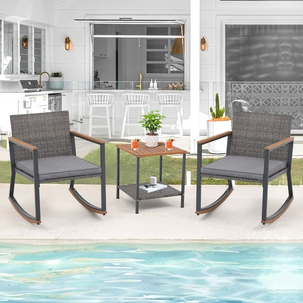 Ensemble de 3 chaises à bascule pour patio, bistro, chaises de balcon, ensembles de conversation avec table basse et coussins