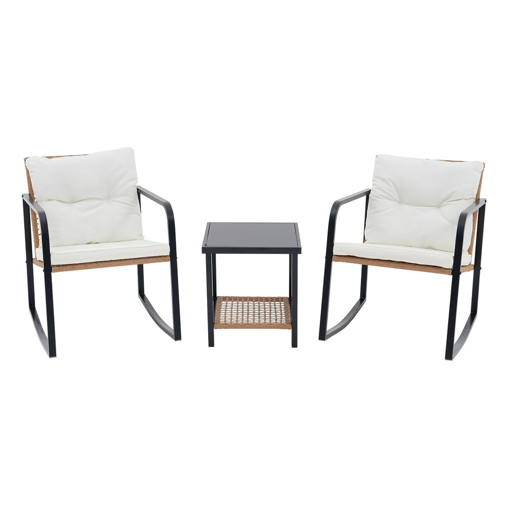 Ensemble de 3 chaises à bascule pour patio, bistro, chaises de balcon, ensembles de conversation avec table basse et coussins