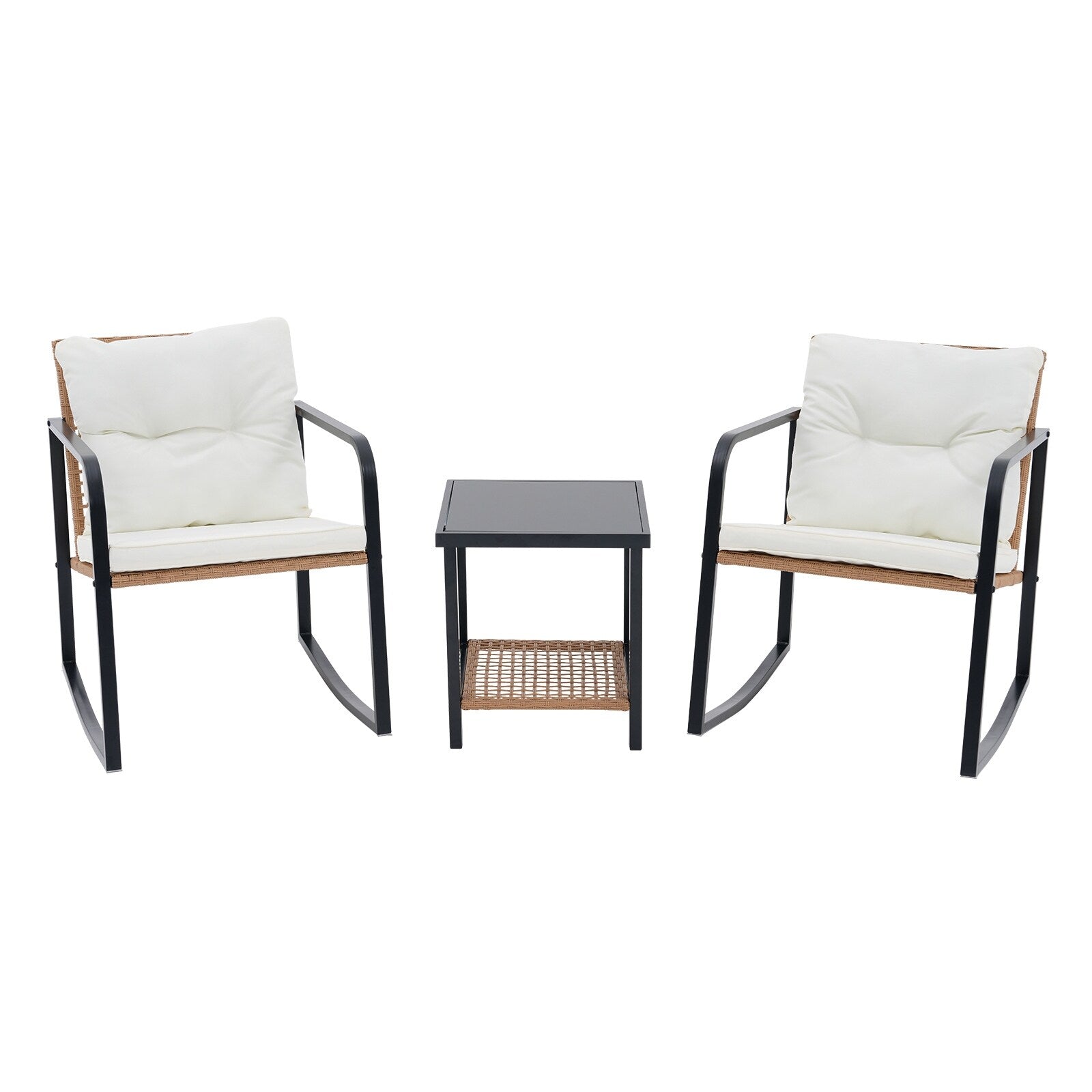 Ensemble de 3 chaises à bascule pour patio, bistro, chaises de balcon, ensembles de conversation avec table basse et coussins