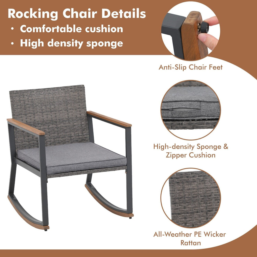 Ensemble de 3 chaises à bascule pour patio, bistro, chaises de balcon, ensembles de conversation avec table basse et coussins