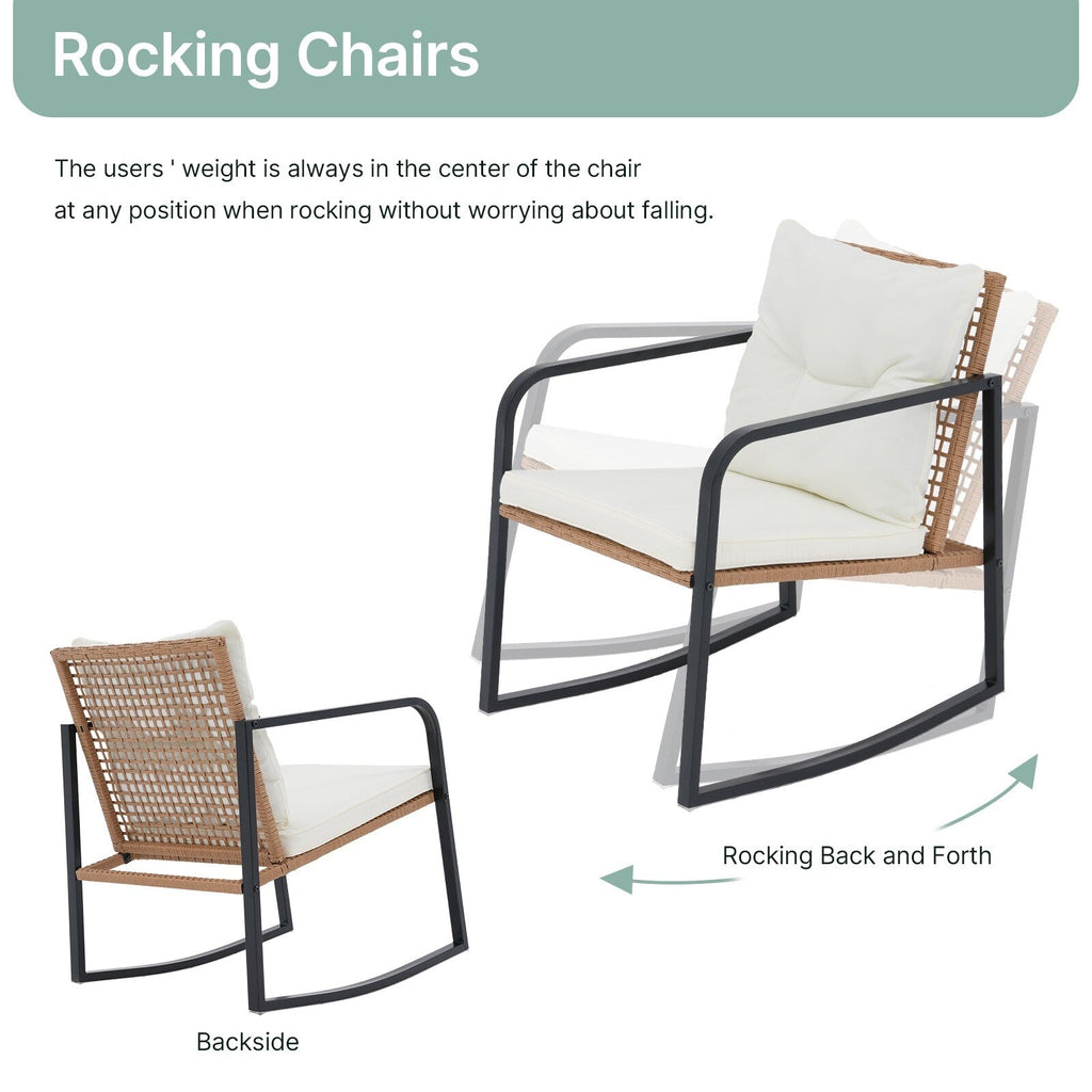 Ensemble de 3 chaises à bascule pour patio, bistro, chaises de balcon, ensembles de conversation avec table basse et coussins