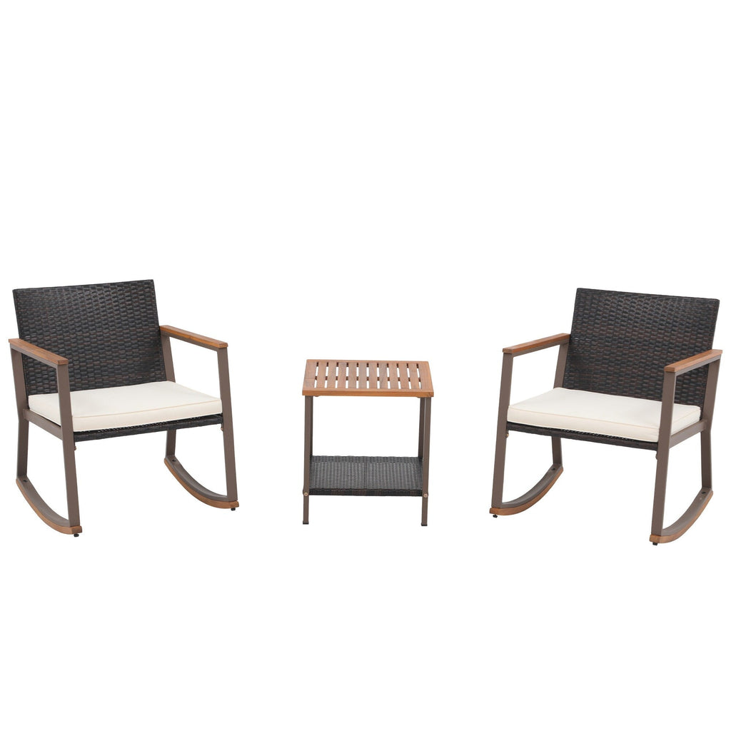 Ensemble de 3 chaises à bascule pour patio, bistro, chaises de balcon, ensembles de conversation avec table basse et coussins