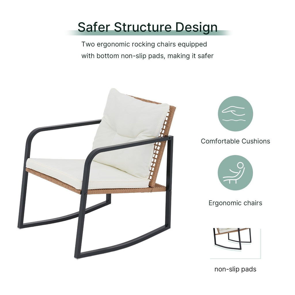 Ensemble de 3 chaises à bascule pour patio, bistro, chaises de balcon, ensembles de conversation avec table basse et coussins