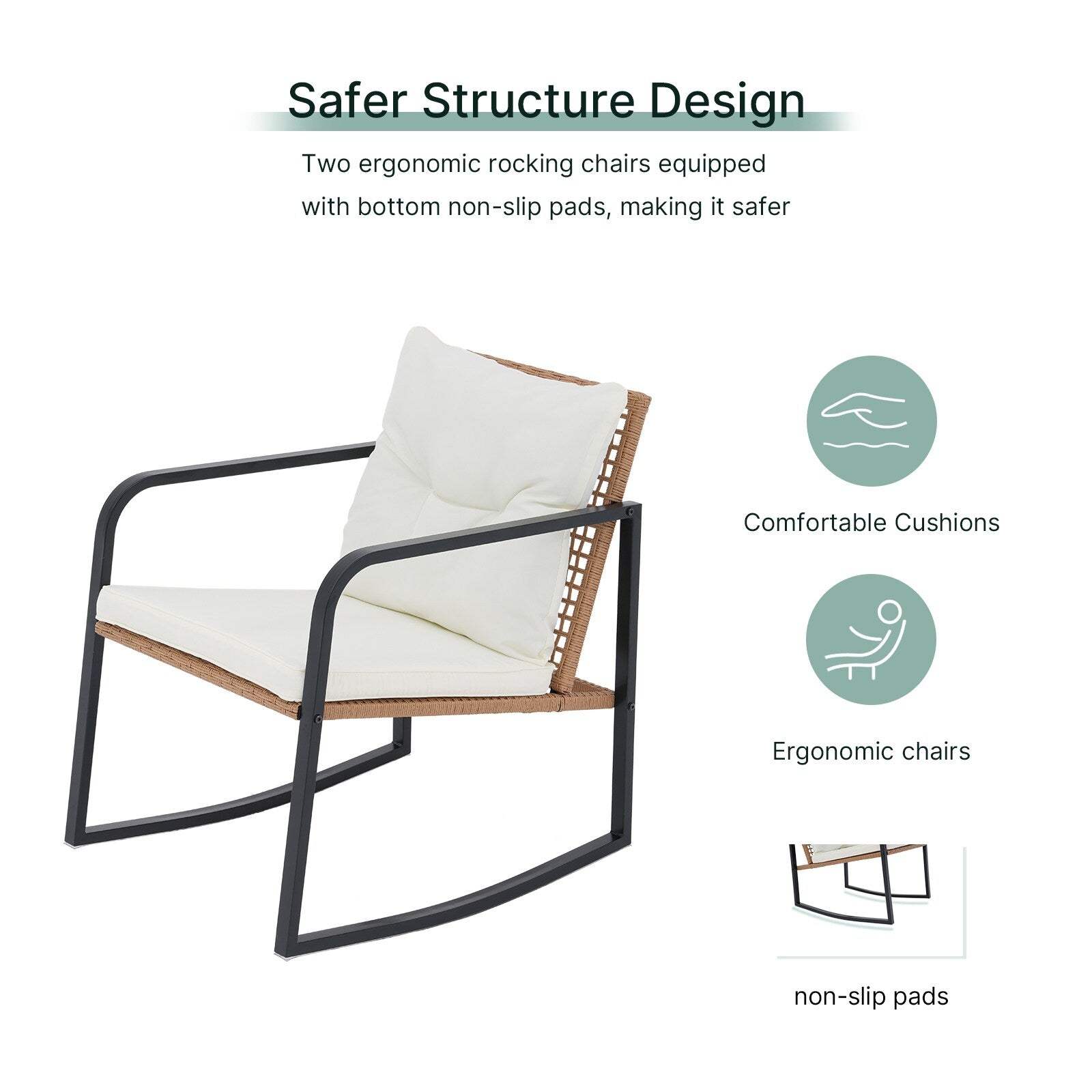 Ensemble de 3 chaises à bascule pour patio, bistro, chaises de balcon, ensembles de conversation avec table basse et coussins