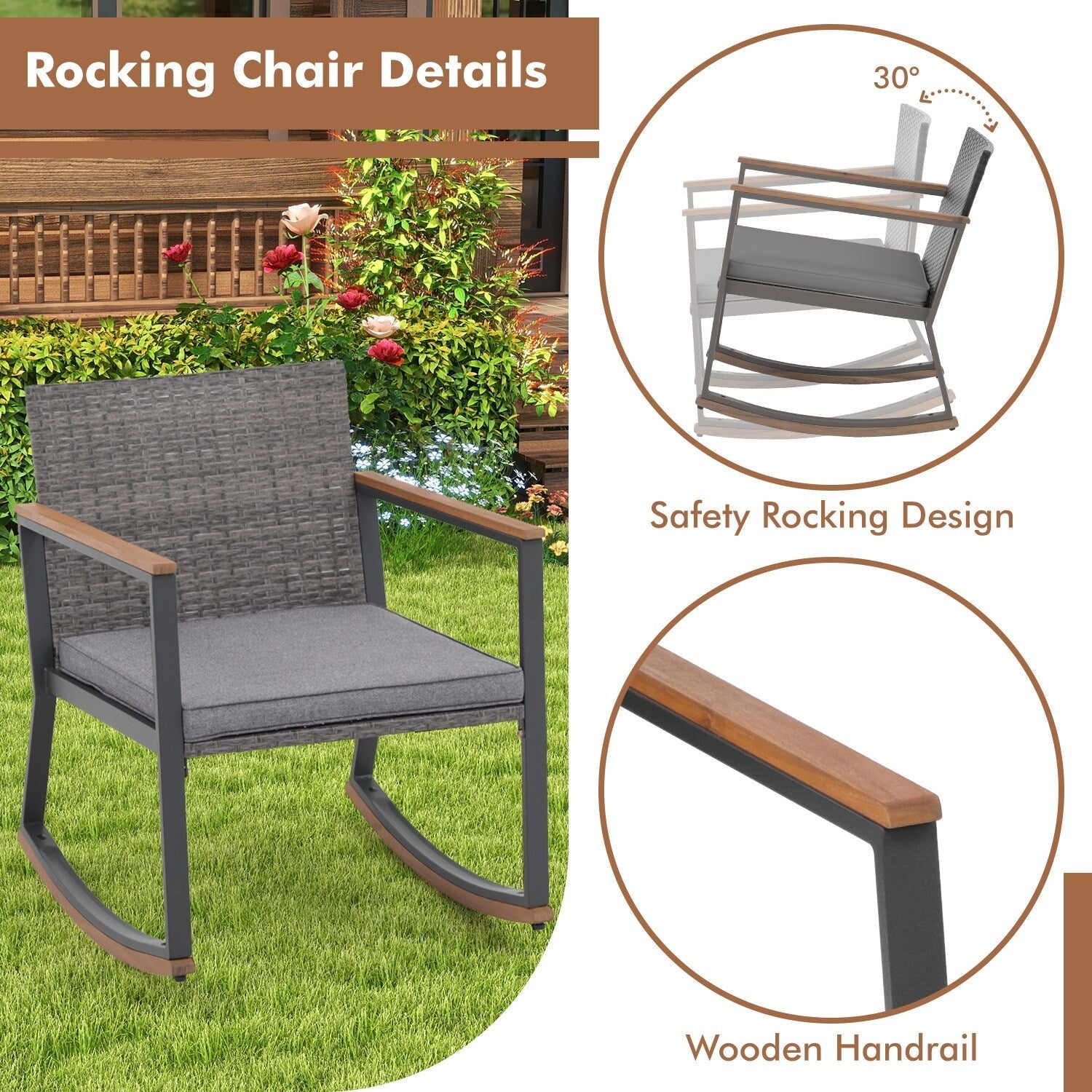 Ensemble de 3 chaises à bascule pour patio, bistro, chaises de balcon, ensembles de conversation avec table basse et coussins