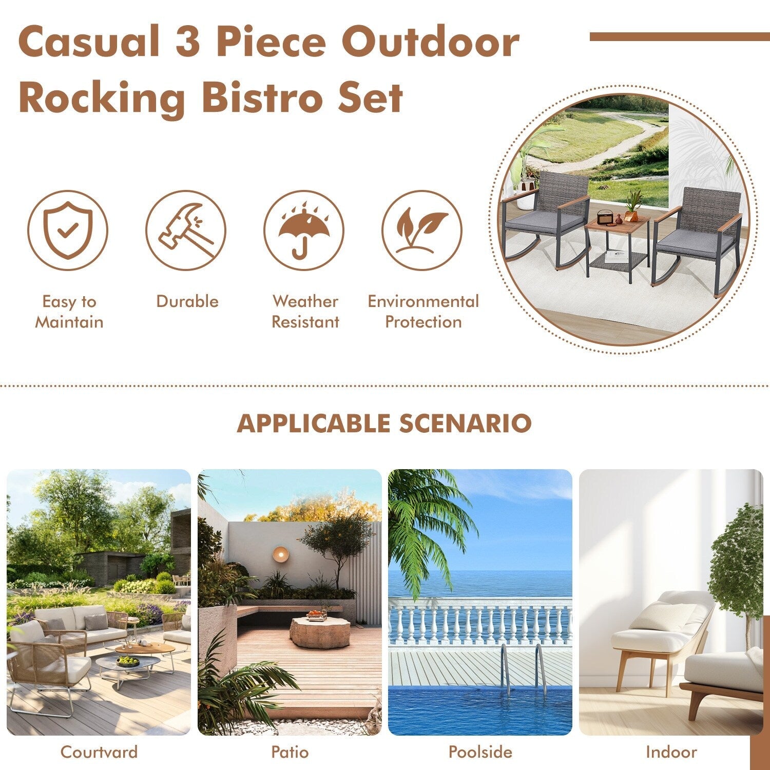 Ensemble de 3 chaises à bascule pour patio, bistro, chaises de balcon, ensembles de conversation avec table basse et coussins